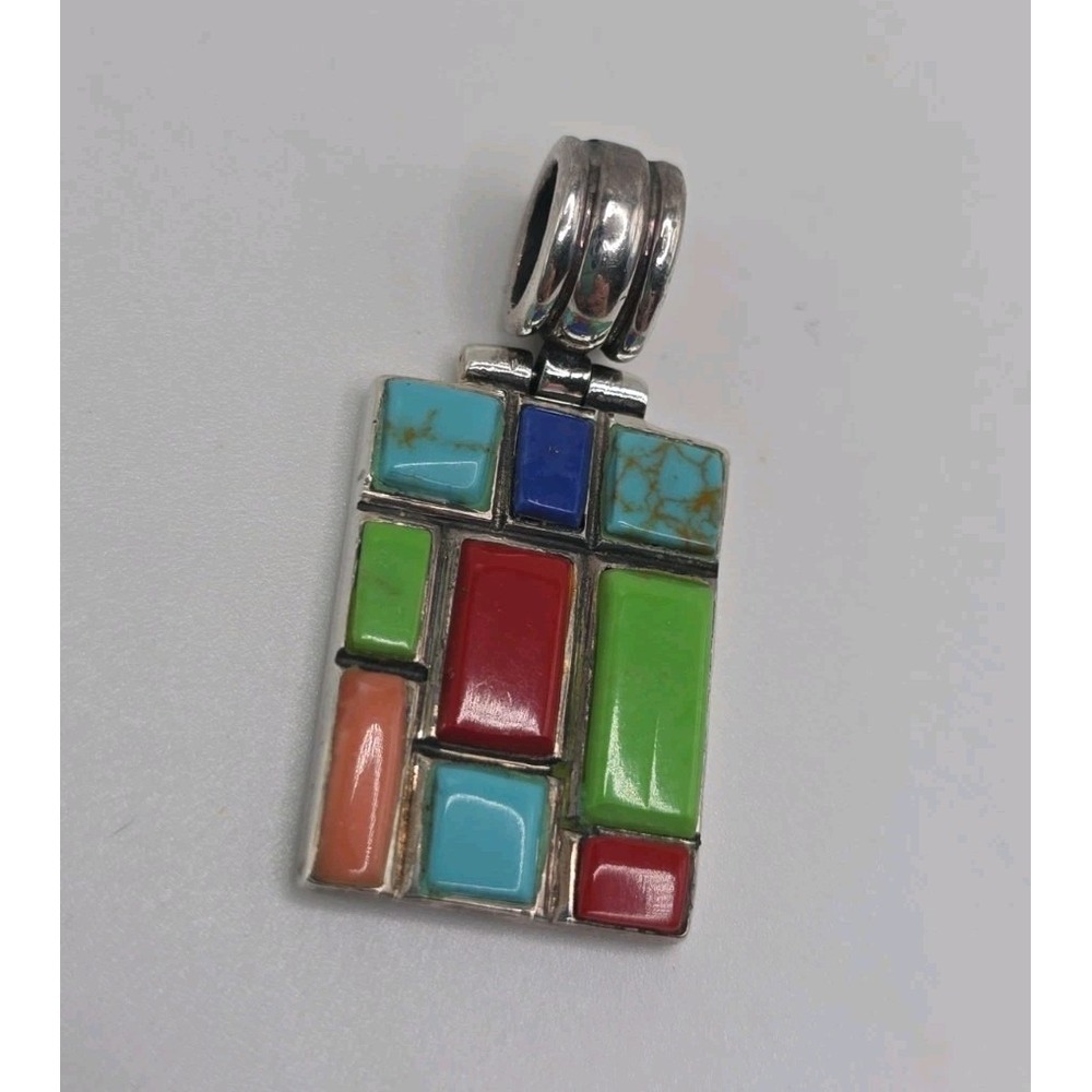 Vintage Southwestern Sterling Silver Multi Stone Mosaic Rectangle Pendant 925